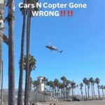 A helicopter crashes near Huntington Beach, California, after spinning out of control midair, with debris scattered and rescue teams helping injured people.