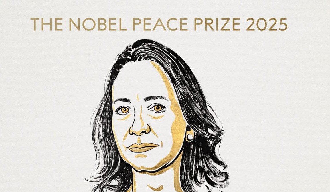 Venezuelan opposition leader María Corina Machado celebrates after being awarded the 2025 Nobel Peace Prize in Oslo, Norway, recognized for her courage in defending democracy and human rights