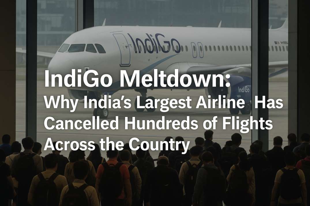 A navy-blue infographic summarizing IndiGo flight disruptions, explaining the causes such as new crew rest rules, pilot shortages, system failures, and the nationwide impact on passengers due to over 500 cancelled flights.