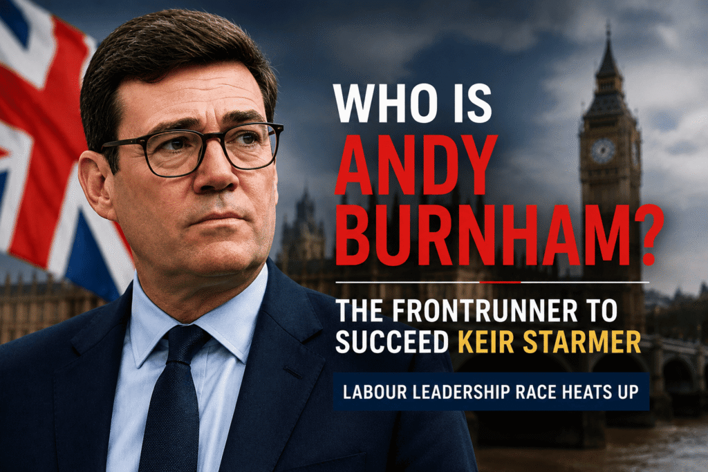 Andy Burnham speaking during a political event as he emerges as a frontrunner to replace Keir Starmer