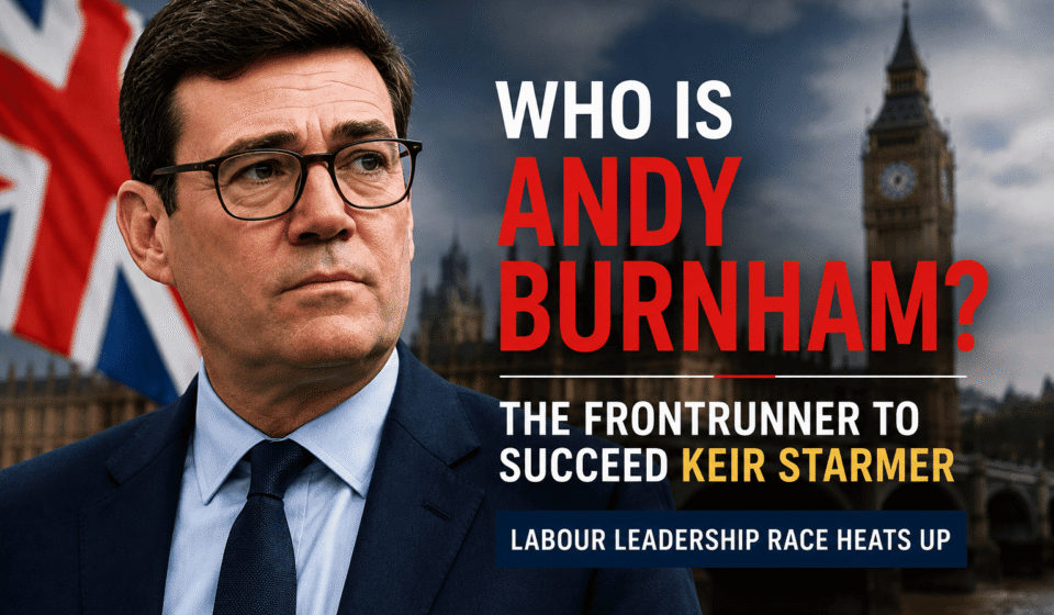Andy Burnham speaking during a political event as he emerges as a frontrunner to replace Keir Starmer