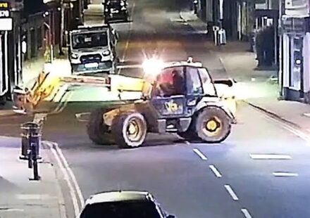 Stolen heavy machinery used to remove an ATM from a building wall in the United Kingdom