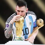 Argentina captain Lionel Messi celebrating one of his three goals against Algeria during the 2026 World Cup match in Kansas City.