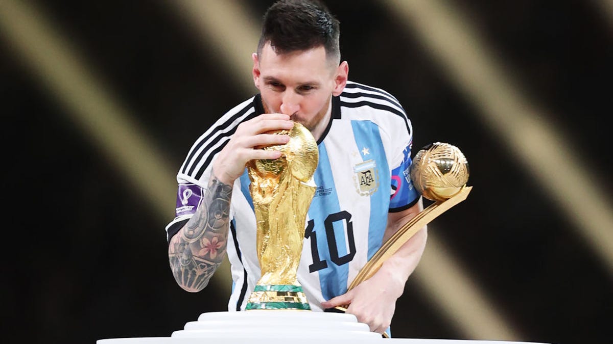 Argentina captain Lionel Messi celebrating one of his three goals against Algeria during the 2026 World Cup match in Kansas City.