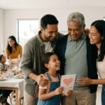 An adult son and young daughter laughing with a grandfather in a modern living room during a Father's Day celebration.