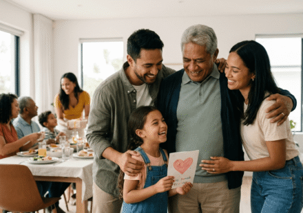 An adult son and young daughter laughing with a grandfather in a modern living room during a Father's Day celebration.