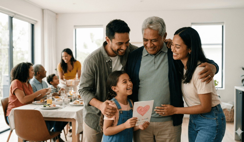 An adult son and young daughter laughing with a grandfather in a modern living room during a Father's Day celebration.