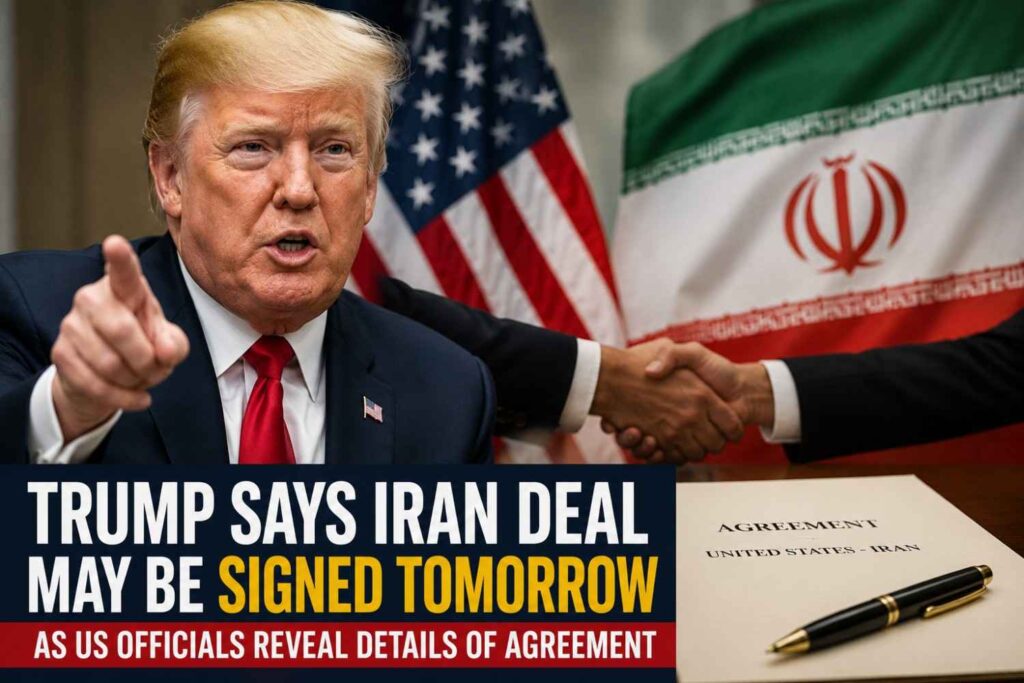 Vance Arrives in Switzerland as Iran Talks Focus on Strait of Hormuz 1 Donald Trump speaking about a potential agreement with Iran amid ongoing diplomatic negotiations