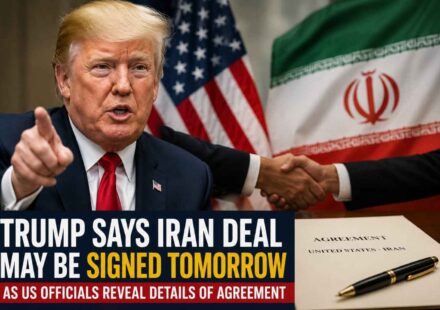 Donald Trump speaking about a potential agreement with Iran amid ongoing diplomatic negotiations