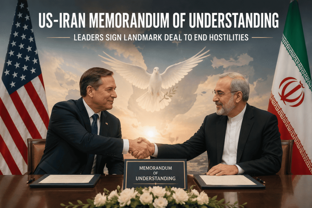 Graphical representation of the United States and Iranian flags flanking a diplomatic document symbolizing the signing of the Islamabad Memorandum of Understanding.