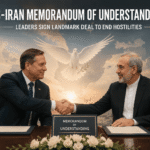 Graphical representation of the United States and Iranian flags flanking a diplomatic document symbolizing the signing of the Islamabad Memorandum of Understanding.