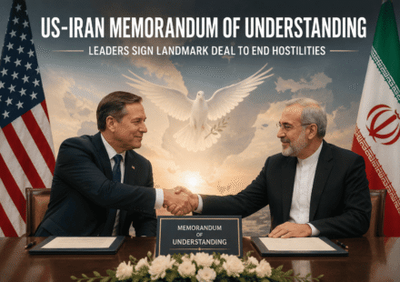Graphical representation of the United States and Iranian flags flanking a diplomatic document symbolizing the signing of the Islamabad Memorandum of Understanding.