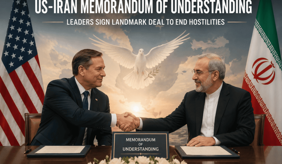 Graphical representation of the United States and Iranian flags flanking a diplomatic document symbolizing the signing of the Islamabad Memorandum of Understanding.