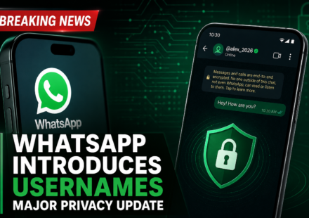 WhatsApp logo displayed on a smartphone with a privacy-themed background