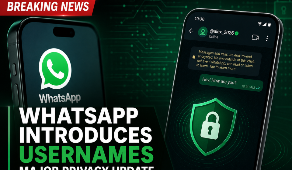 WhatsApp logo displayed on a smartphone with a privacy-themed background