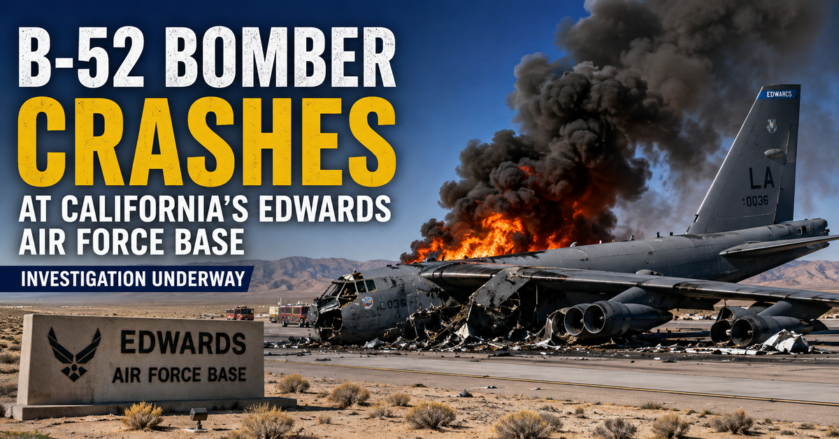 B-52 Stratofortress bomber crash at Edwards Air Force Base in California as emergency crews respond and an investigation begins.