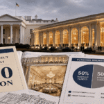 Trump ballroom project proposal showing a $600 million estimated cost and taxpayer funding breakdown near the White House.