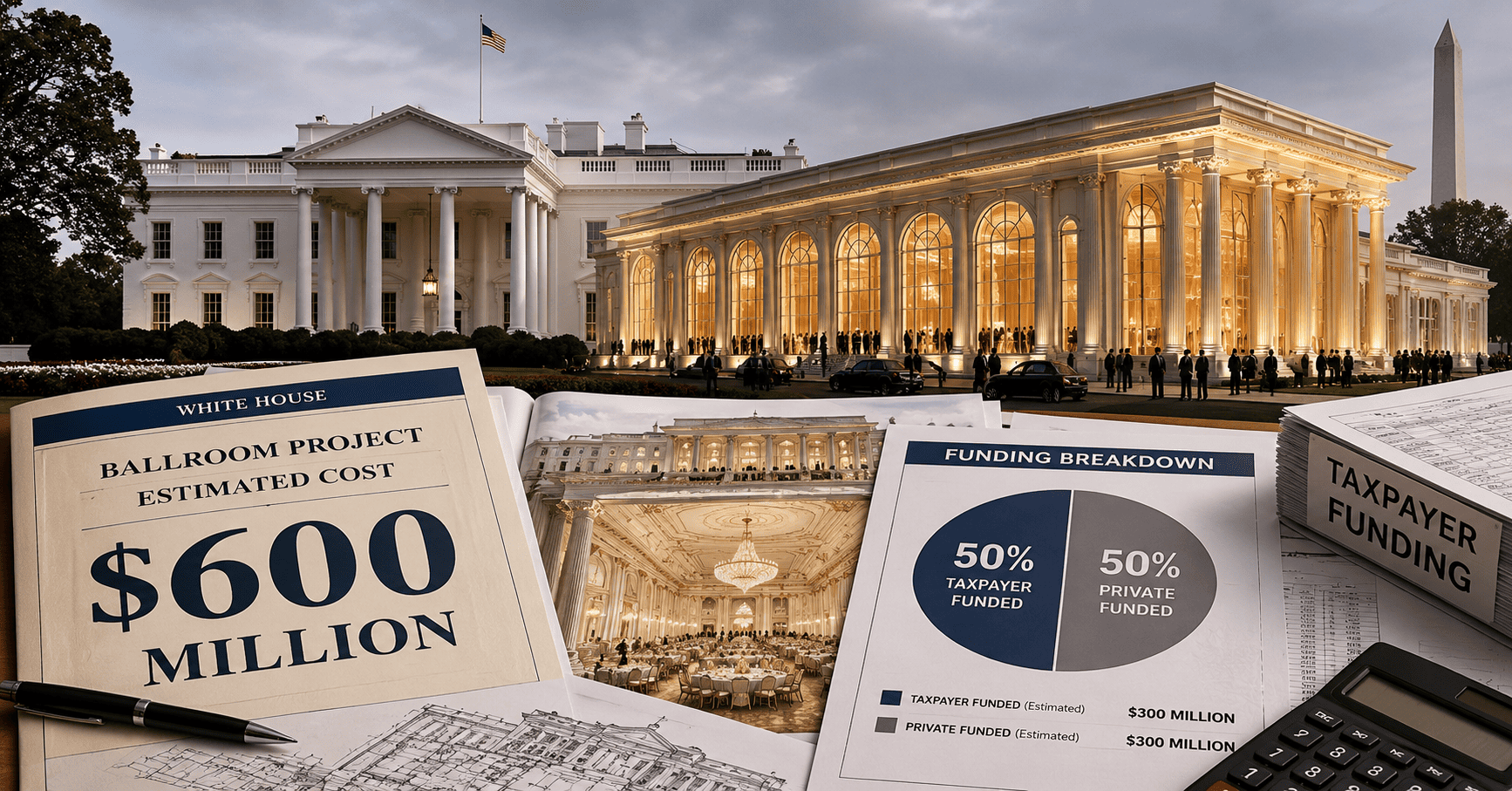 Trump ballroom project proposal showing a $600 million estimated cost and taxpayer funding breakdown near the White House.