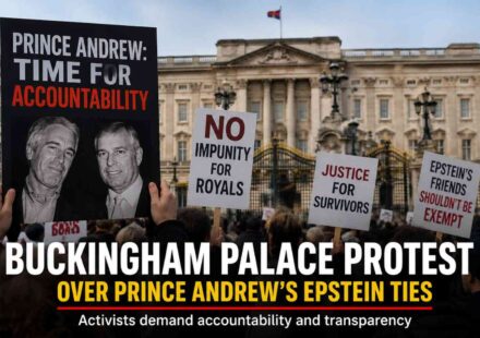 Protesters gather outside Buckingham Palace demanding accountability over Prince Andrew's Epstein ties.