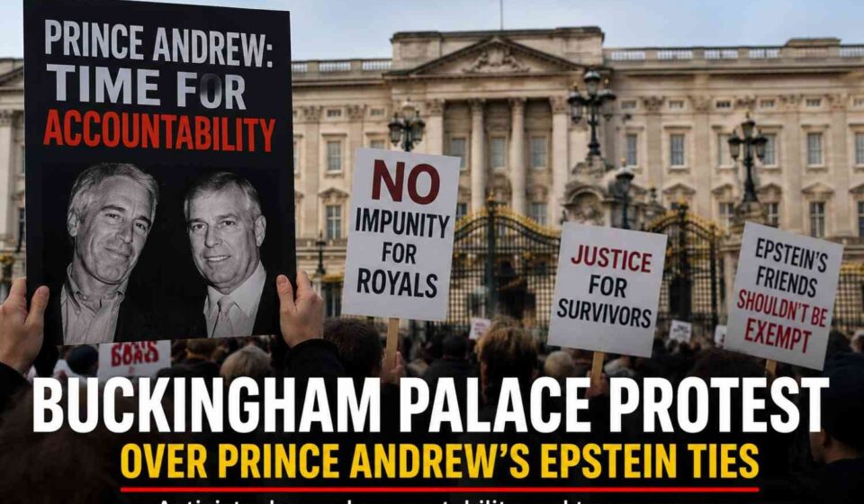 Protesters gather outside Buckingham Palace demanding accountability over Prince Andrew's Epstein ties.