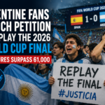 Argentina supporters holding flags as an online petition to replay the 2026 FIFA World Cup Final gains signatures