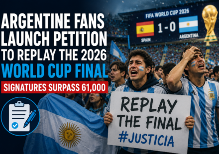 Argentina supporters holding flags as an online petition to replay the 2026 FIFA World Cup Final gains signatures