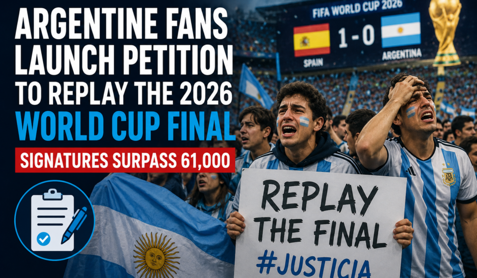 Argentina supporters holding flags as an online petition to replay the 2026 FIFA World Cup Final gains signatures