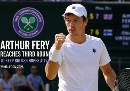 Arthur Fery celebrates after defeating Otto Virtanen to reach the third round at Wimbledon 2026
