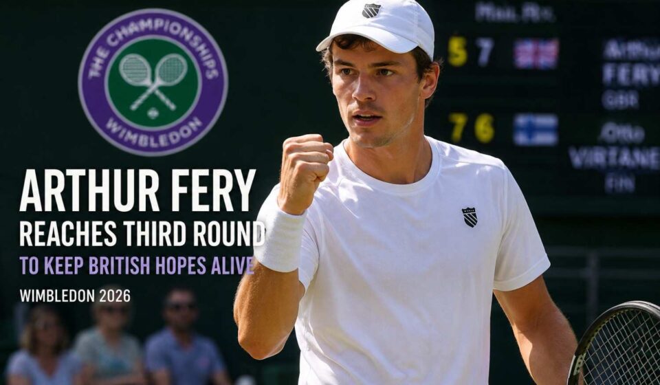 Arthur Fery celebrates after defeating Otto Virtanen to reach the third round at Wimbledon 2026