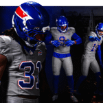 Buffalo Bills players wearing the new Nickel City uniforms ahead of the inaugural season at Highmark Stadium