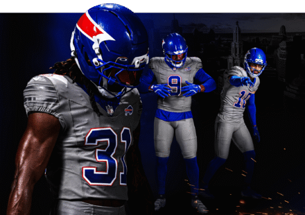 Buffalo Bills players wearing the new Nickel City uniforms ahead of the inaugural season at Highmark Stadium