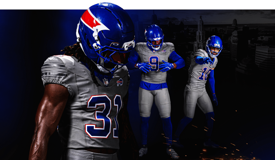 Buffalo Bills players wearing the new Nickel City uniforms ahead of the inaugural season at Highmark Stadium