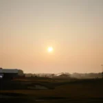 Thick Canadian wildfire smoke covering a U.S. city skyline and reducing air quality