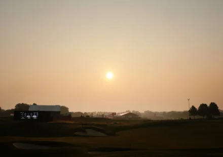 Thick Canadian wildfire smoke covering a U.S. city skyline and reducing air quality