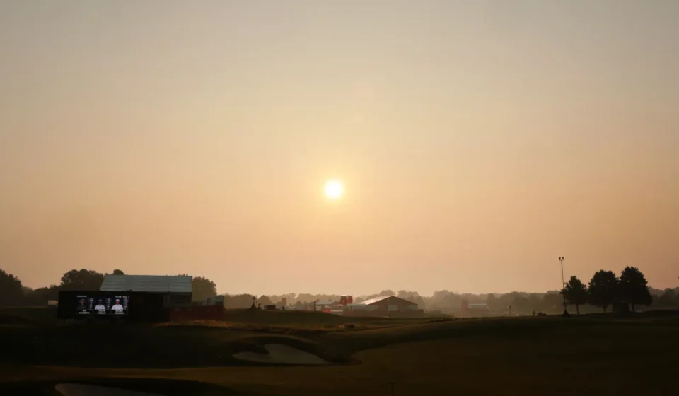 Thick Canadian wildfire smoke covering a U.S. city skyline and reducing air quality