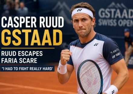 Casper Ruud celebrates after defeating Jaime Faria in a tough Swiss Open Gstaad match