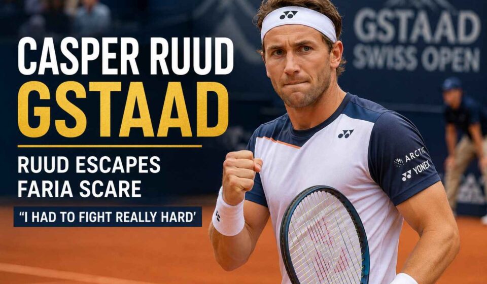 Casper Ruud celebrates after defeating Jaime Faria in a tough Swiss Open Gstaad match