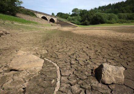 Dry riverbed and low reservoir levels in Wales following prolonged dry weather