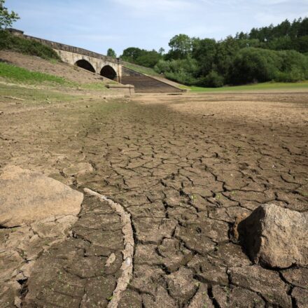 Dry riverbed and low reservoir levels in Wales following prolonged dry weather