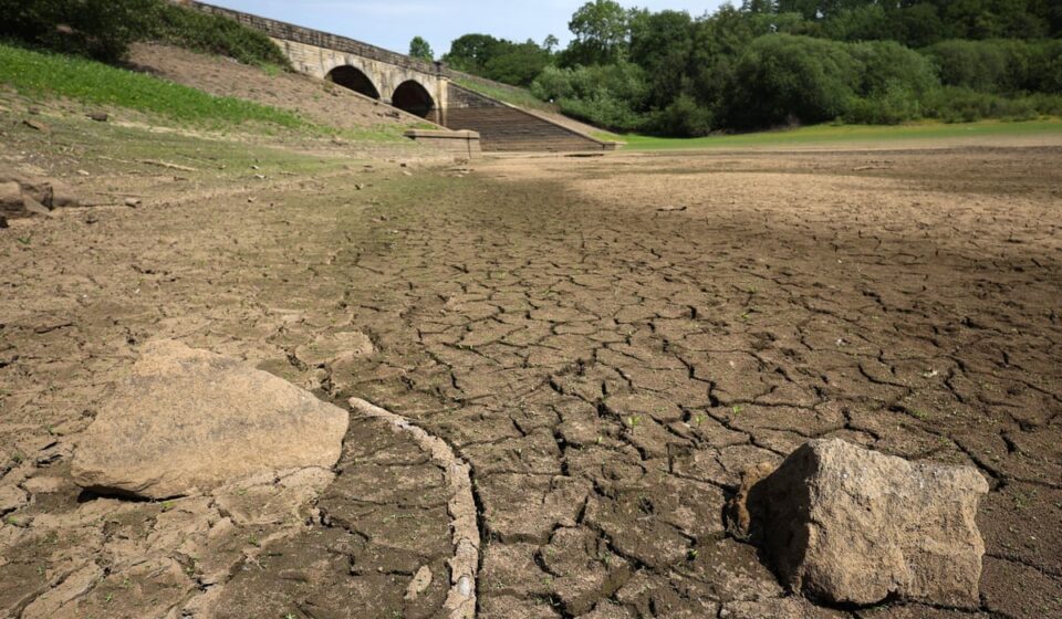Dry riverbed and low reservoir levels in Wales following prolonged dry weather