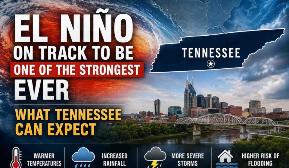 Map showing Tennessee with weather icons representing El Niño impacts