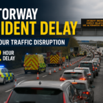 Emergency vehicles attending a motorway incident causing long traffic delays