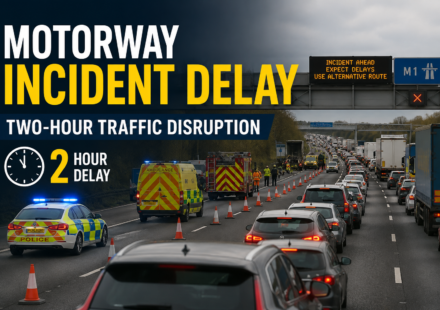 Emergency vehicles attending a motorway incident causing long traffic delays