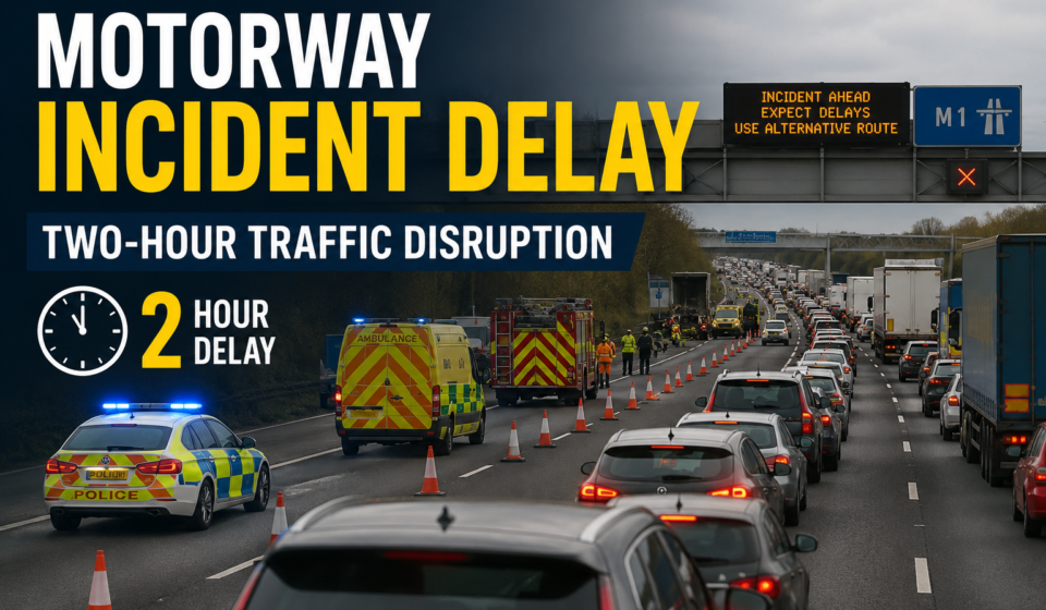 Emergency vehicles attending a motorway incident causing long traffic delays