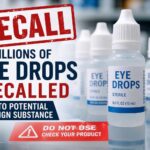 Bottles of recalled eye drops displayed on a pharmacy shelf following a nationwide recall.