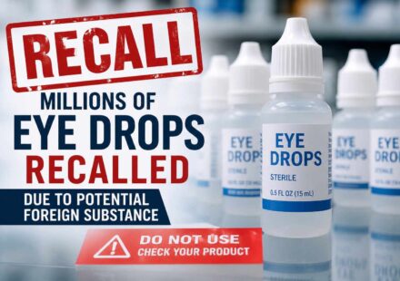 Bottles of recalled eye drops displayed on a pharmacy shelf following a nationwide recall.