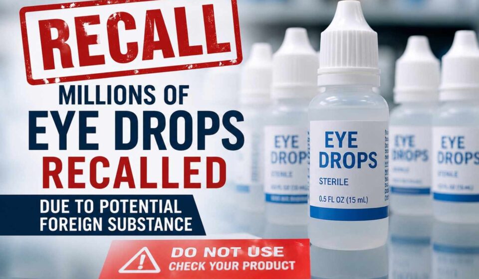 Bottles of recalled eye drops displayed on a pharmacy shelf following a nationwide recall.