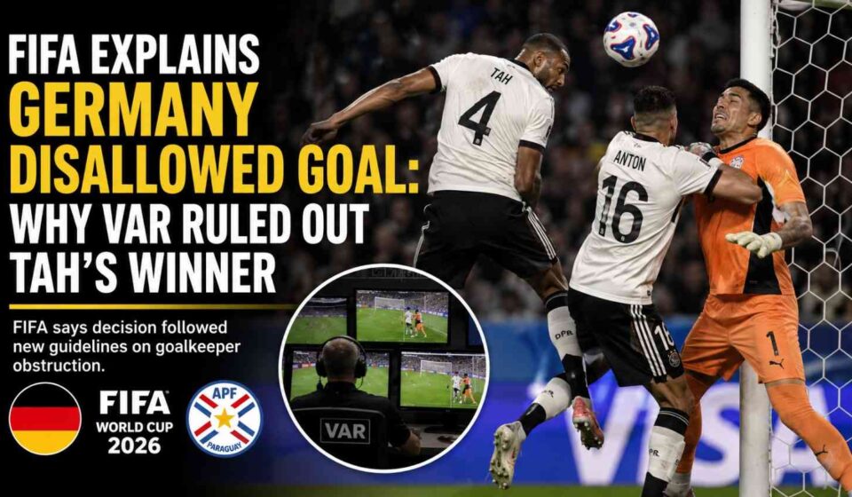 Germany defender Jonathan Tah reacts after his goal was disallowed following a VAR review against Paraguay