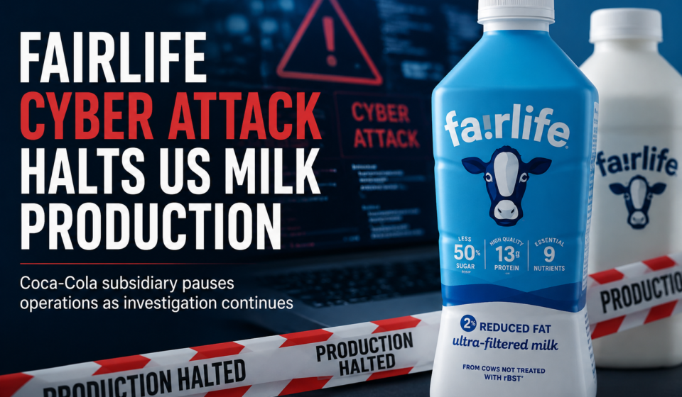 Exterior of a Fairlife milk production facility after production was paused following a cyber attack.