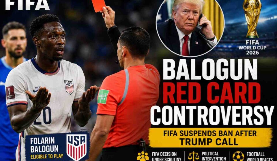 Folarin Balogun reacts after receiving a red card during a FIFA World Cup match